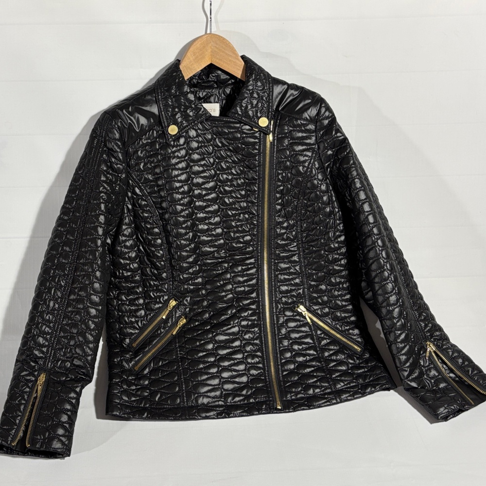 Chico's Black Quilted Puffer Jacket with Gold Accents